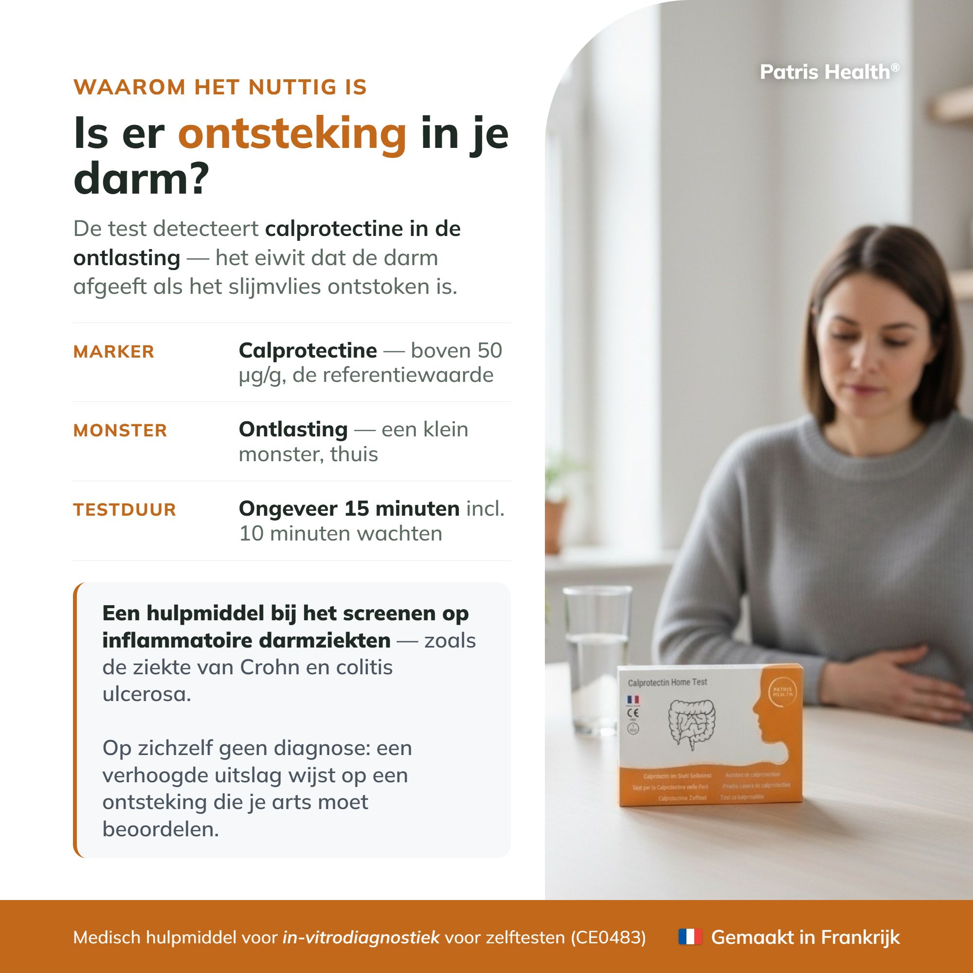 Nederlandse versie: Nuttigheid van de Calprotectin-test, met vrouw op achtergrond.