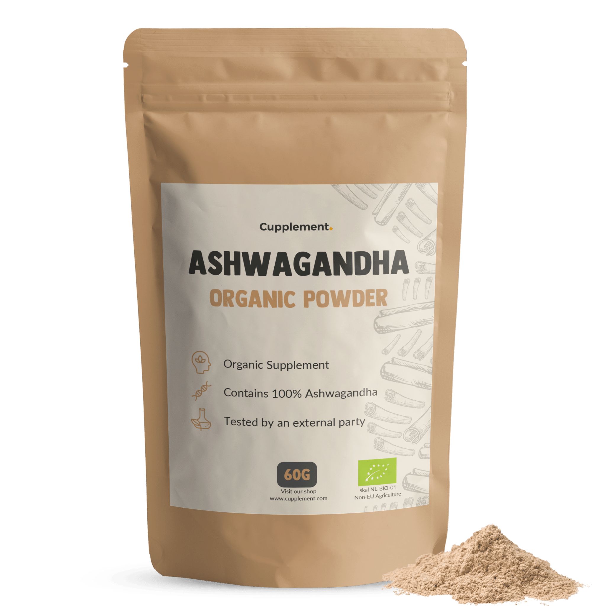 Zakje Ashwagandha poeder. Opschrift: Cupplement, Ashwagandha Organic Powder. Bevat 100% Ashwagandha. 60g.