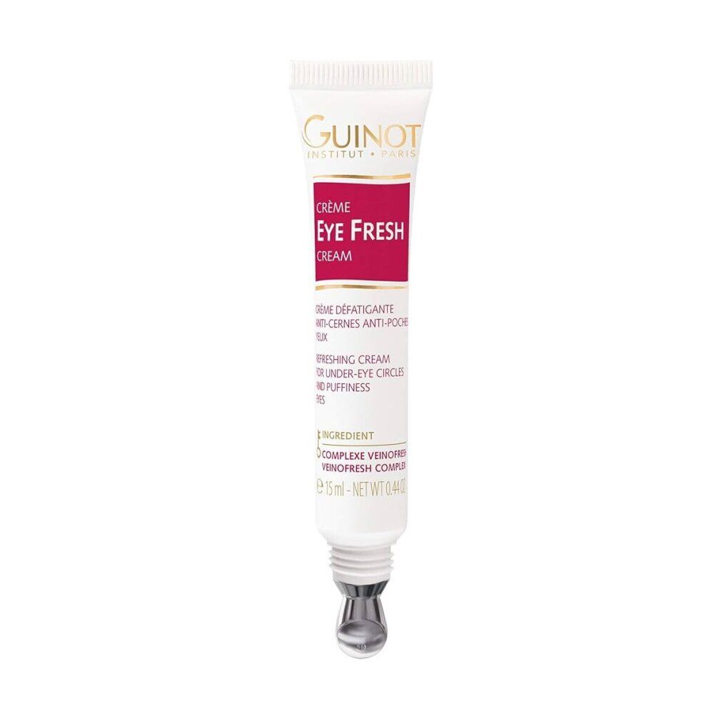 Guinot Crème Eye Fresh Creme tube. Witte tube met rood etiket. Bevat een metalen applicator.