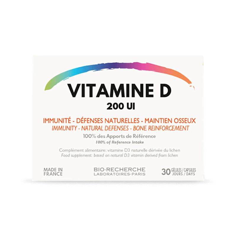Boîte de Vitamine D 200 UI, 30 gélules. Fabriqué en France.