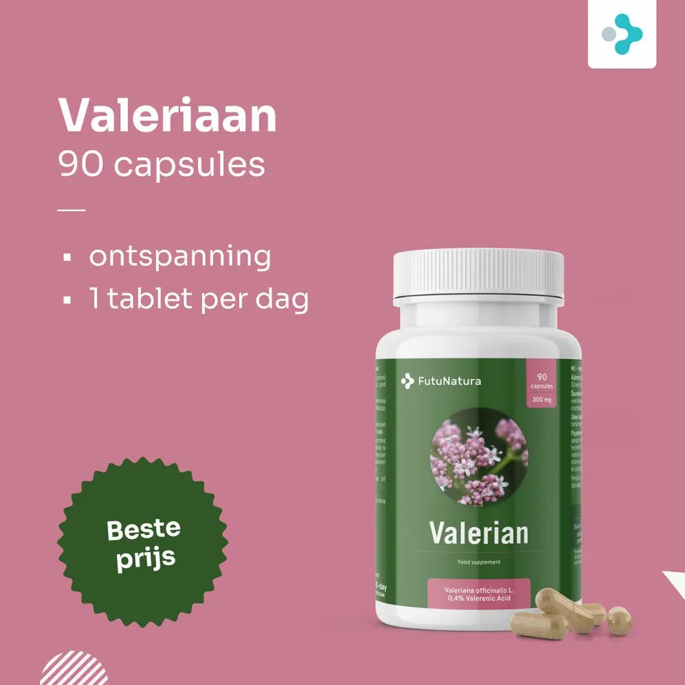 Fles valeriaan capsules (90 stuks) met tekst: Ontspanning, 1 tablet per dag, Beste prijs.