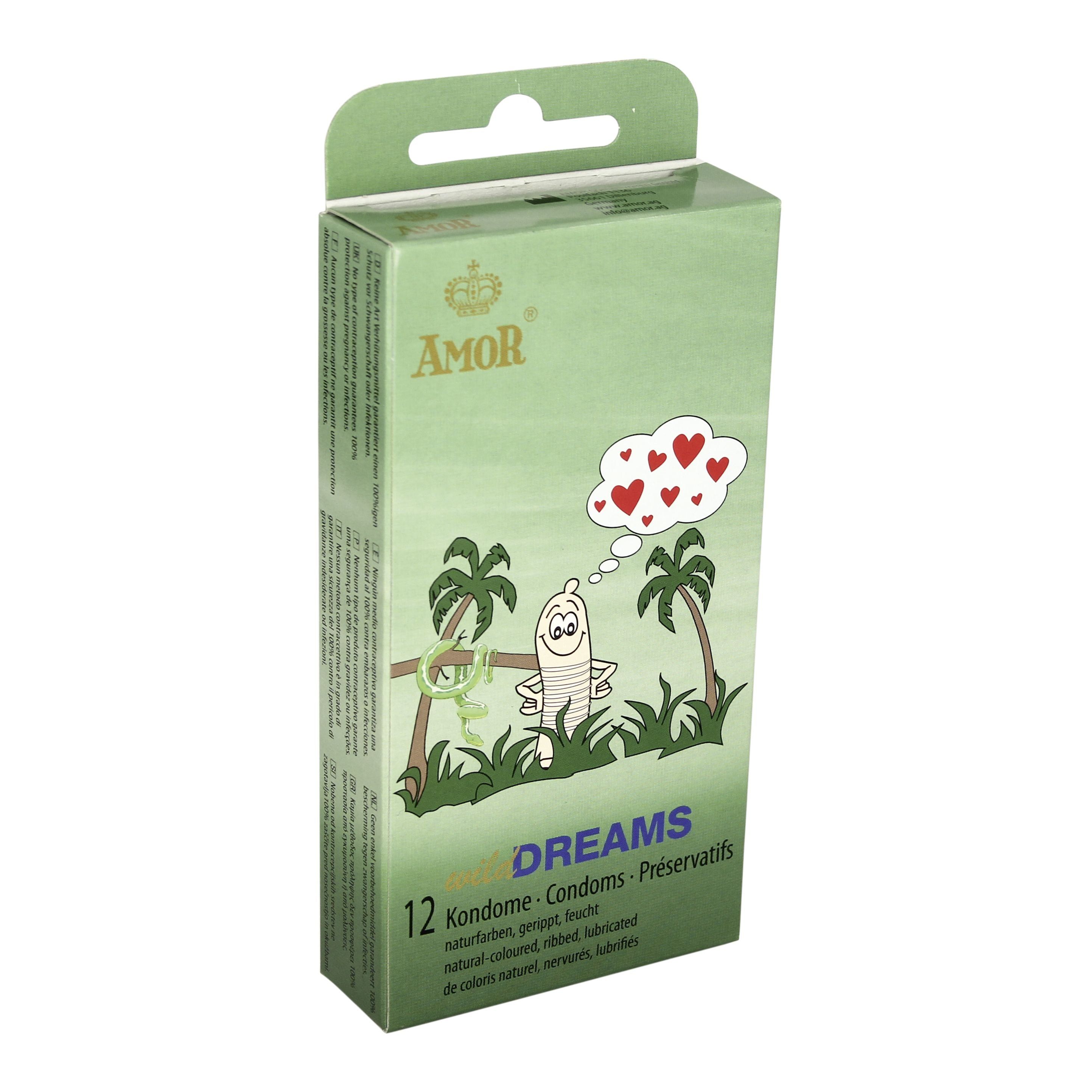 Boîte verte avec crochet, illustration de dessin animé et texte. Contient 12 préservatifs. Marque : Amor Wild Dreams.