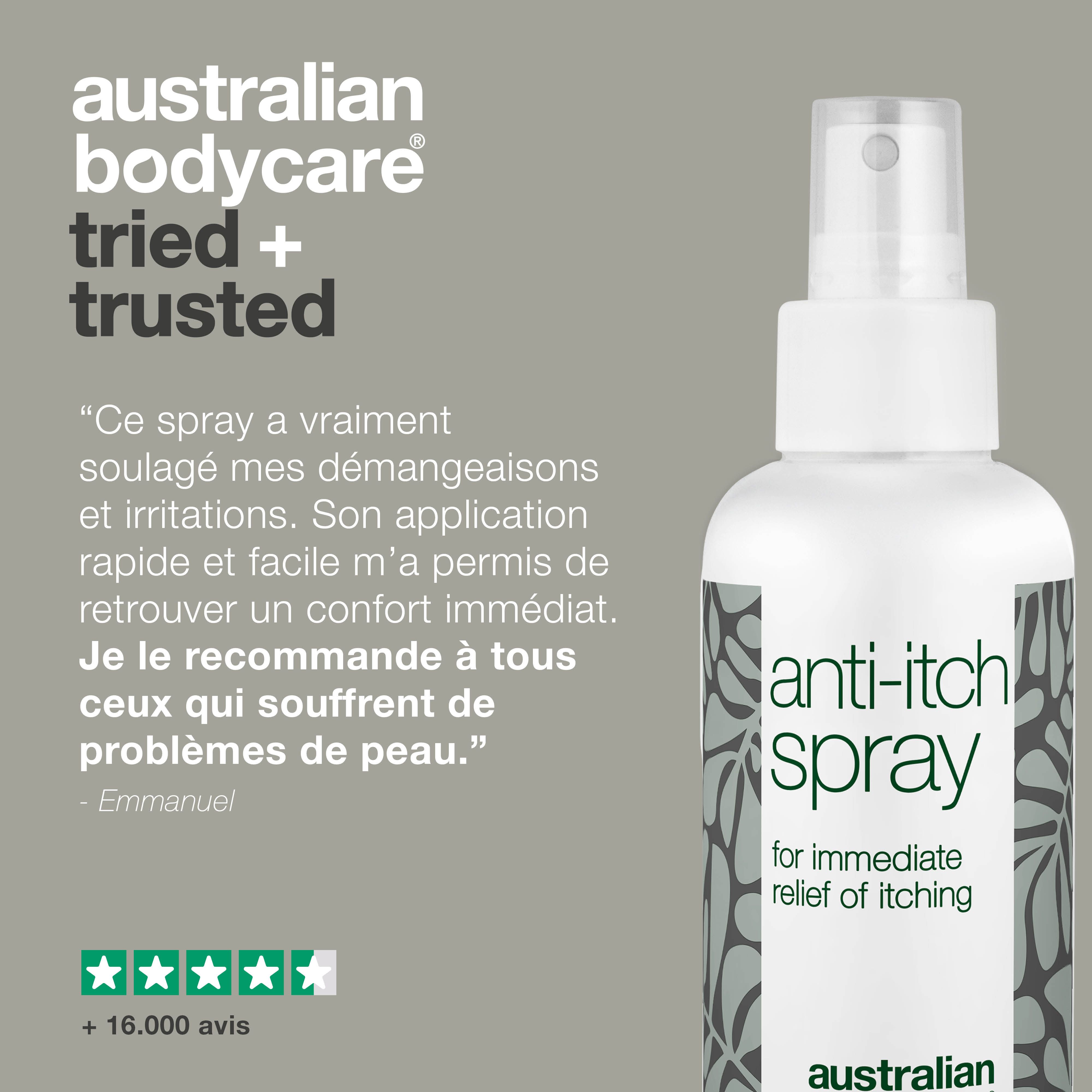 Spray anti-démangeaisons avec texte et 5 étoiles. Citation : 'Ce spray a vraiment soulagé'.