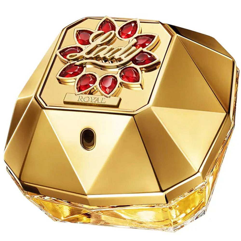 Flacon doré. Bouchon rouge avec inscription Lady Million Royal. Forme géométrique.