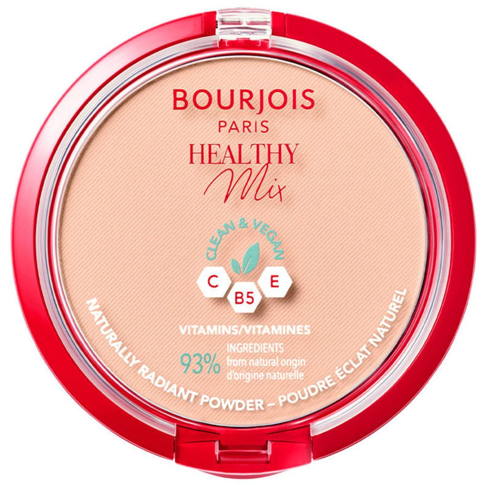 Ronde, roze poeder in rode doos. Opschrift: Bourjois Paris Healthy Mix, Clean & Vegan, 93% ingrediënten van natuurlijke oorsprong.