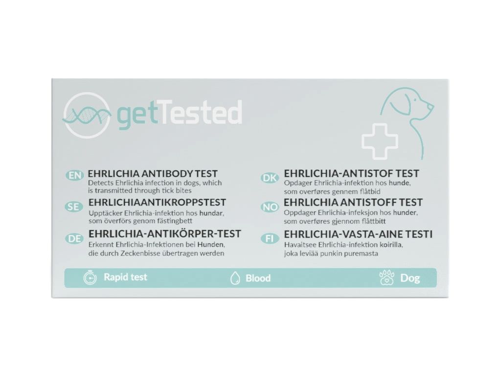 GetTested Ehrlichia-Antikörper-test. Tekst in het Duits, Engels, Zweeds, Deens, Noors en Fins. Met hond-symbool.