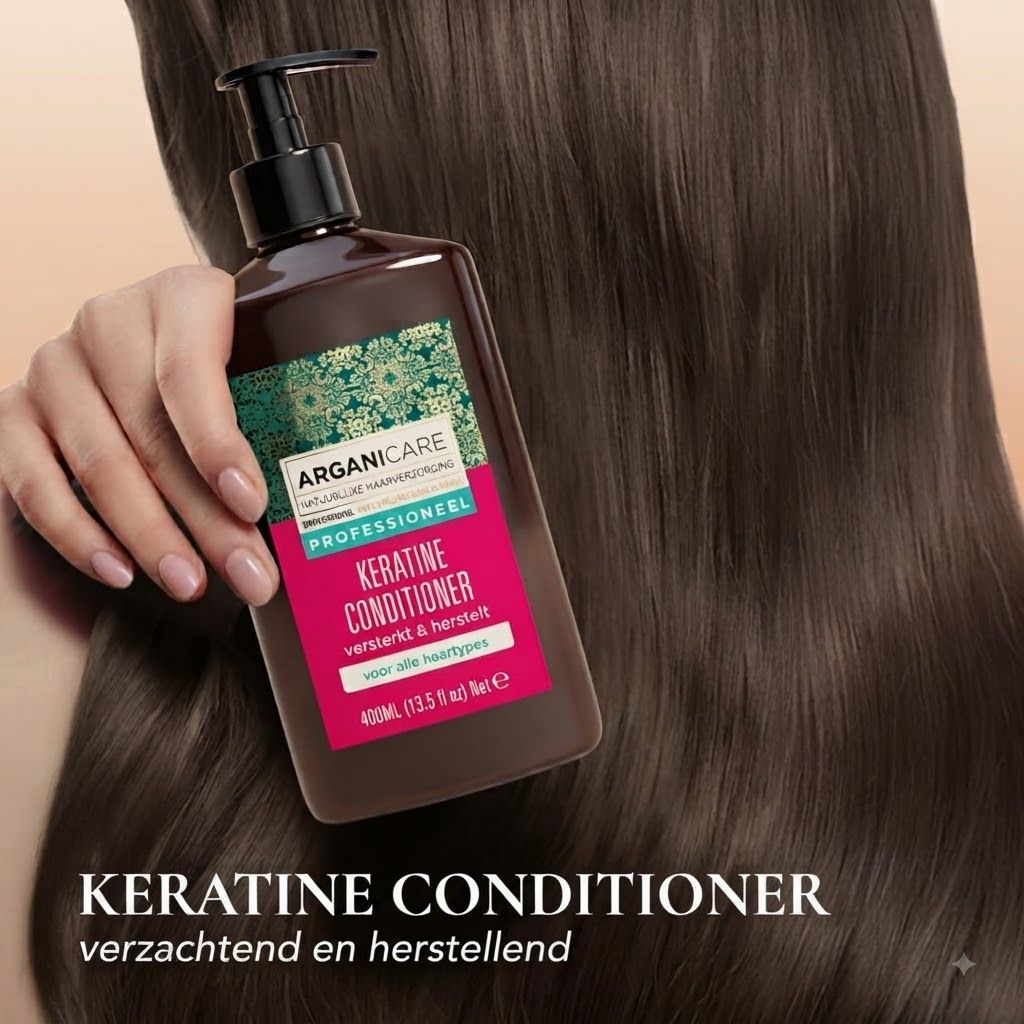 Hand houdt Arganicare Keratin Conditioner fles vast voor glanzend, lang haar.