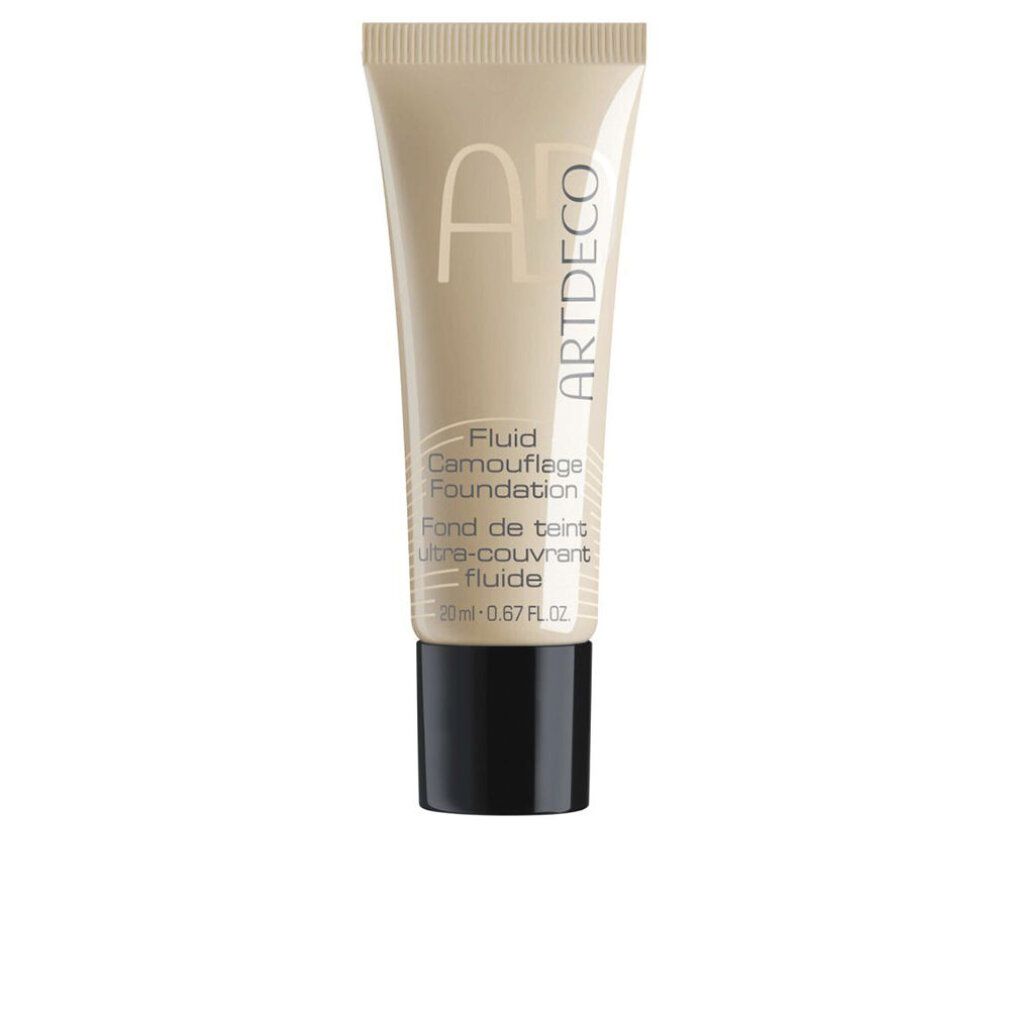 Beige tube met zwarte dop. Opschrift: ARTDECO, Fluid Camouflage Foundation. Inhoud: 20 ml - 0.67 FL. OZ.