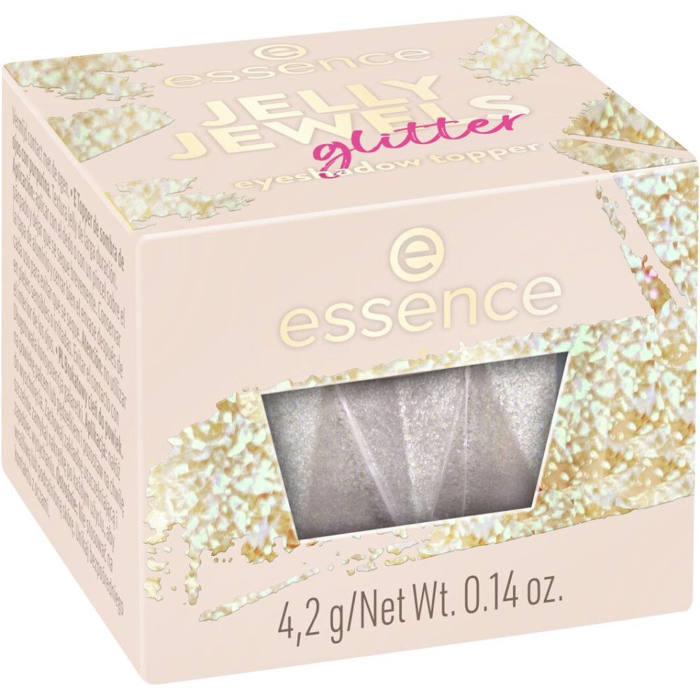 Fard à paupières Essence Jelly Jewels Glitter dans un emballage. Boîte rose avec image du produit et texte blanc.