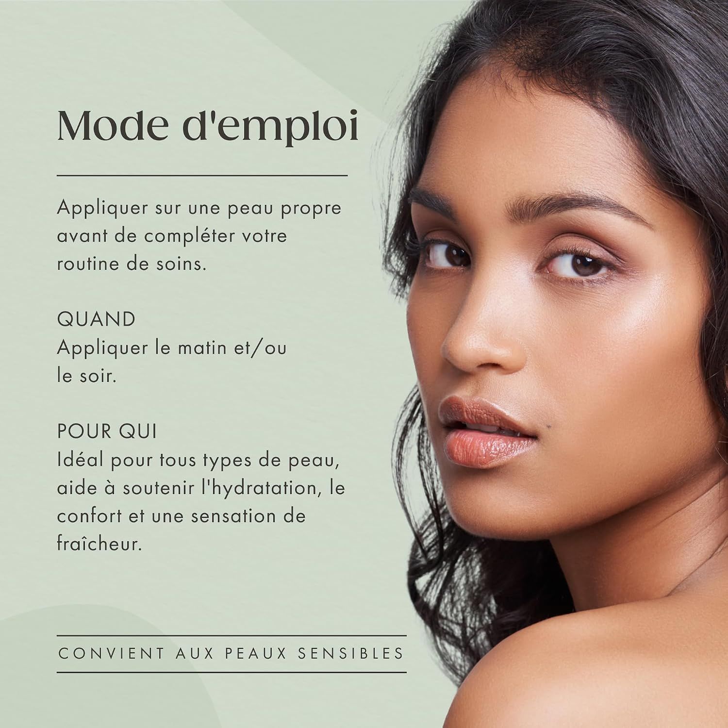 Instructions d'utilisation du sérum SATIN NATUREL sur une image de femme.