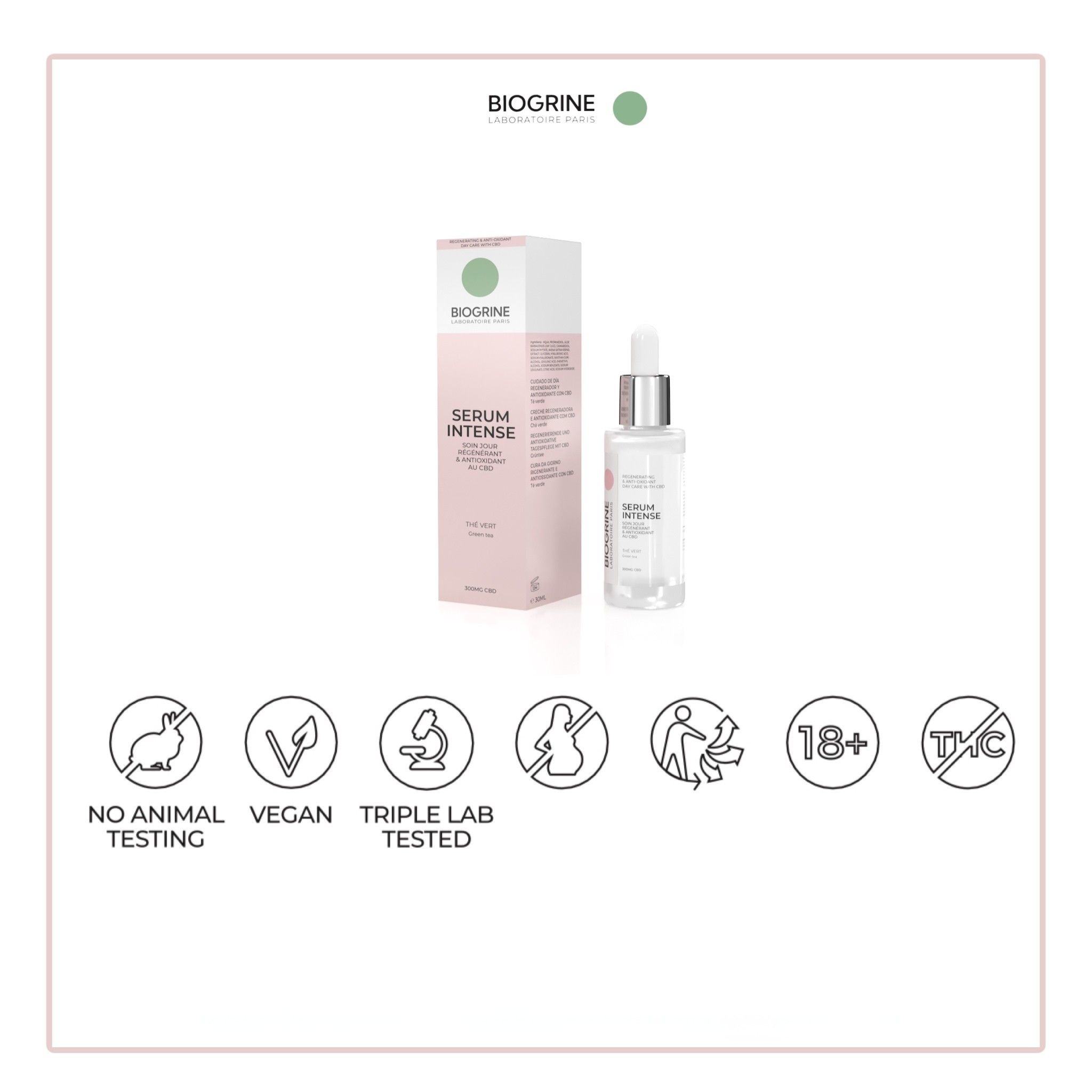 BIOGRINE "SERUM INTENSE" – CBD- & hyaluronzuurserum, regenererend en antioxiderend met groene thee