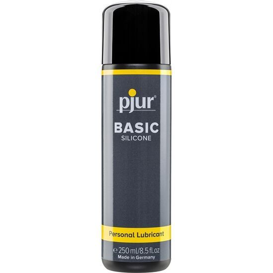 Donkergrijze fles met zwarte dop. Gele accenten. Opschrift: pjur BASIC SILICONE. Personal Lubricant.