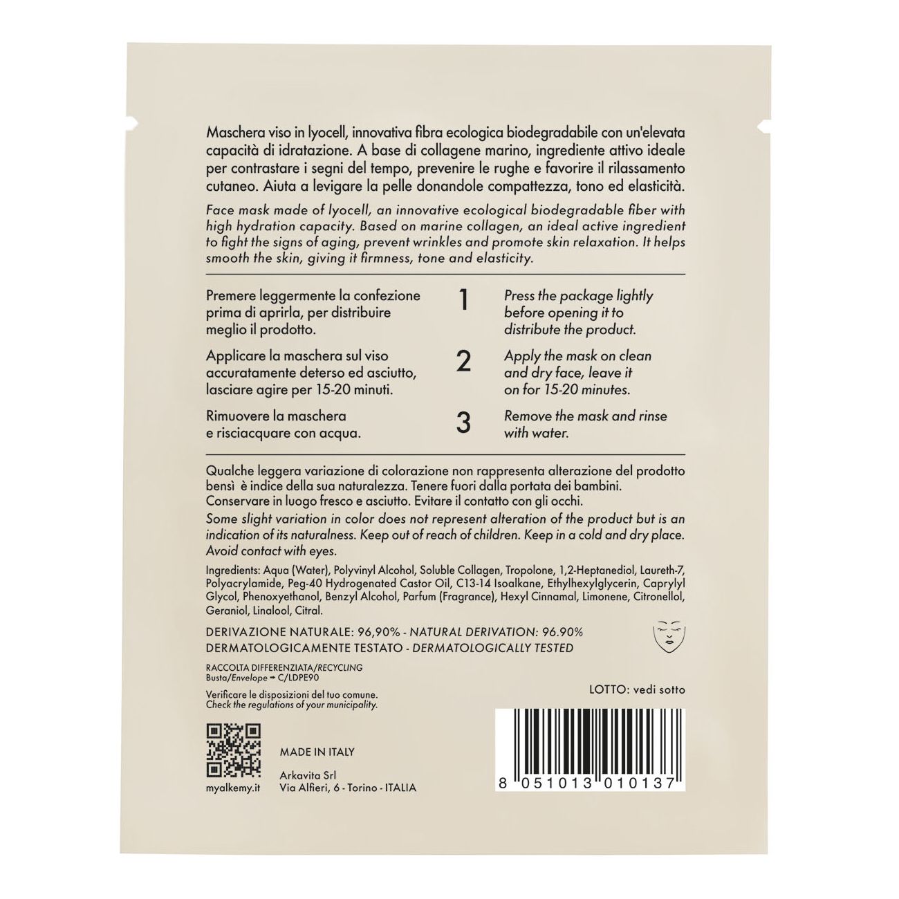 Dos d'un emballage de masque facial Alkemy avec informations sur le produit et instructions.