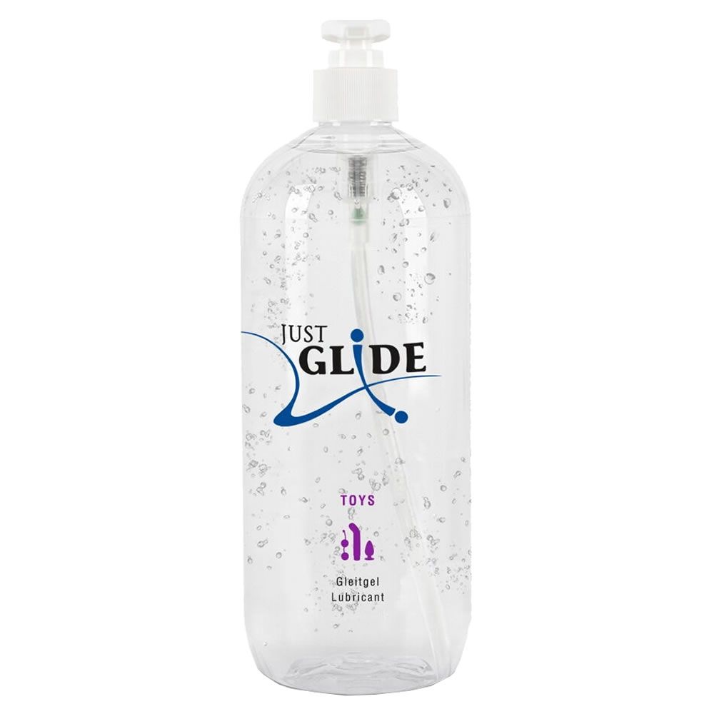 Transparante fles met dispenser. Opschrift "JUST GLIDE TOYS". Bevat glijmiddel. Productafbeelding.
