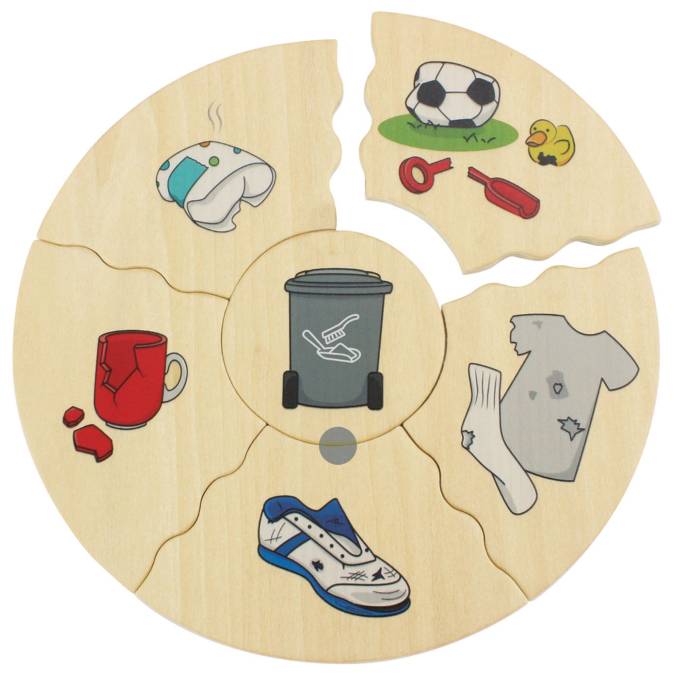 Ronde houten puzzel met afval. In het midden een vuilnisbak. Verschillende soorten afval zijn afgebeeld.