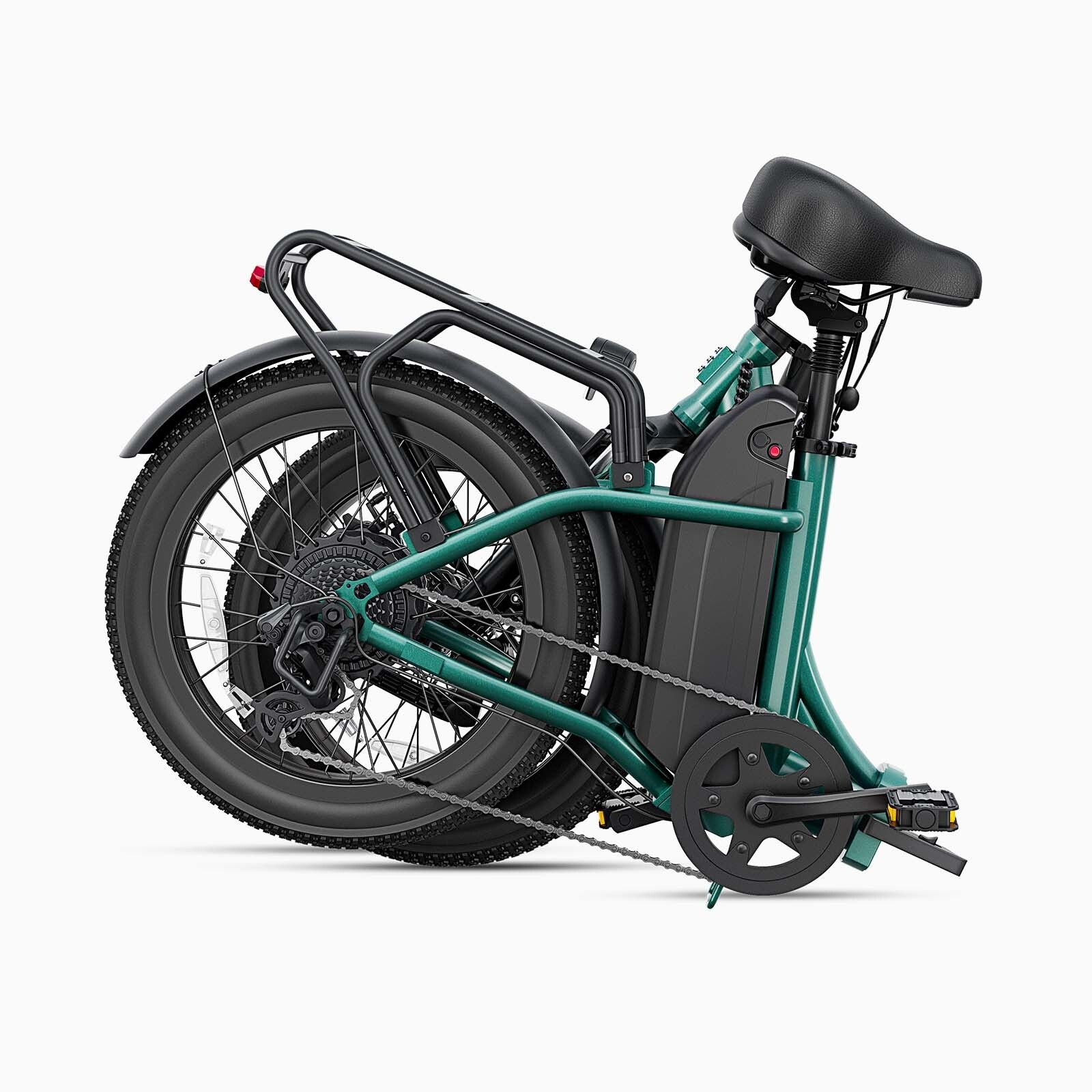 Opgevouwen groene DYU C9 elektrische fiets. Zwarte banden en zadel. Batterij zichtbaar.