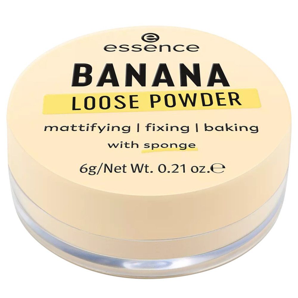 Récipient rond avec couvercle. Le couvercle porte l'inscription "essence BANANA LOOSE POWDER" et d'autres informations.