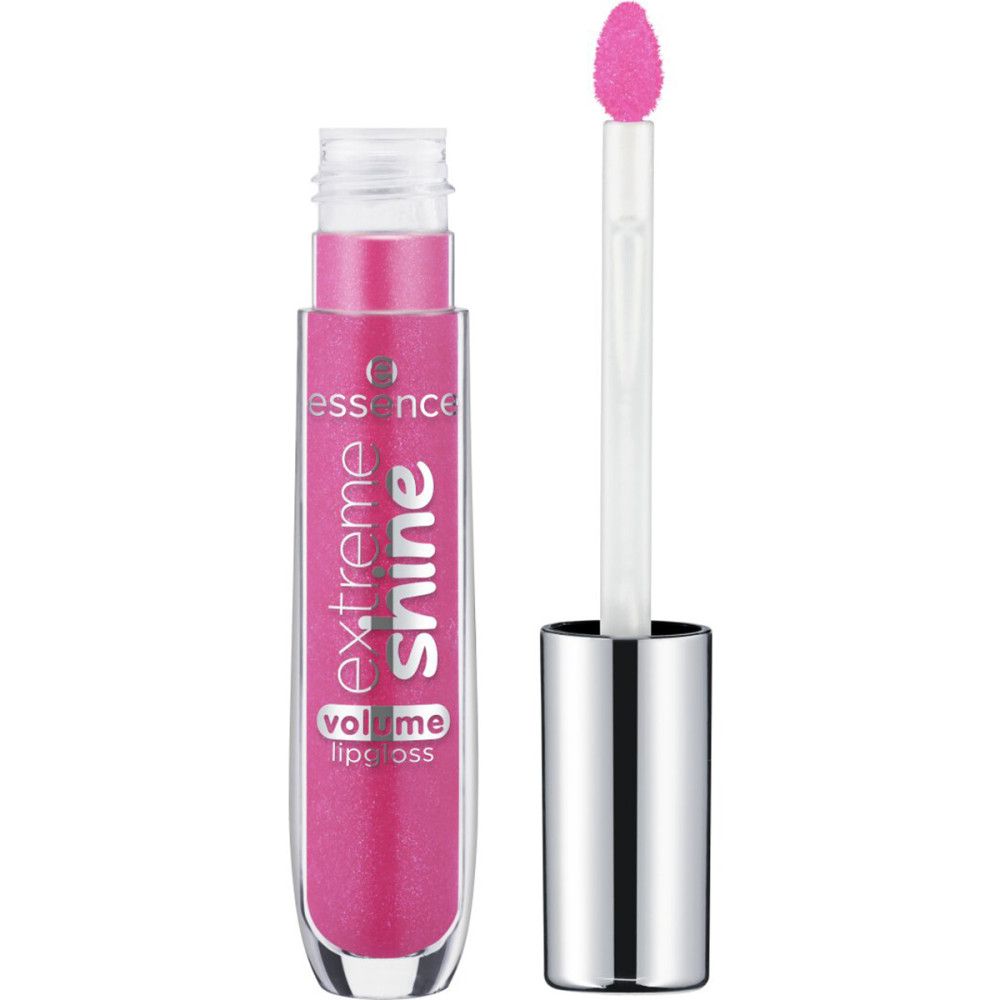 Lipgloss met open applicator. Roze vloeistof zichtbaar. Opschrift "extreme shine volume lip gloss".