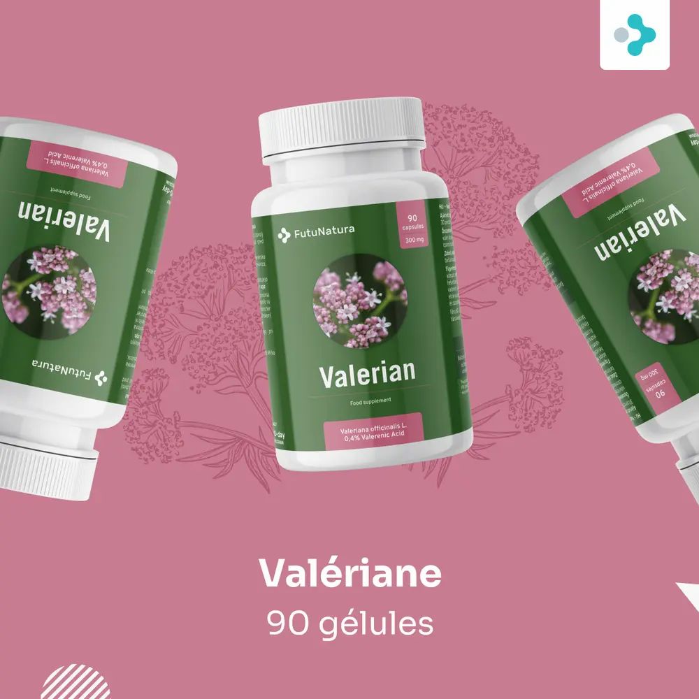 Trois flacons de gélules de Valériane sur fond de fleurs de valériane.