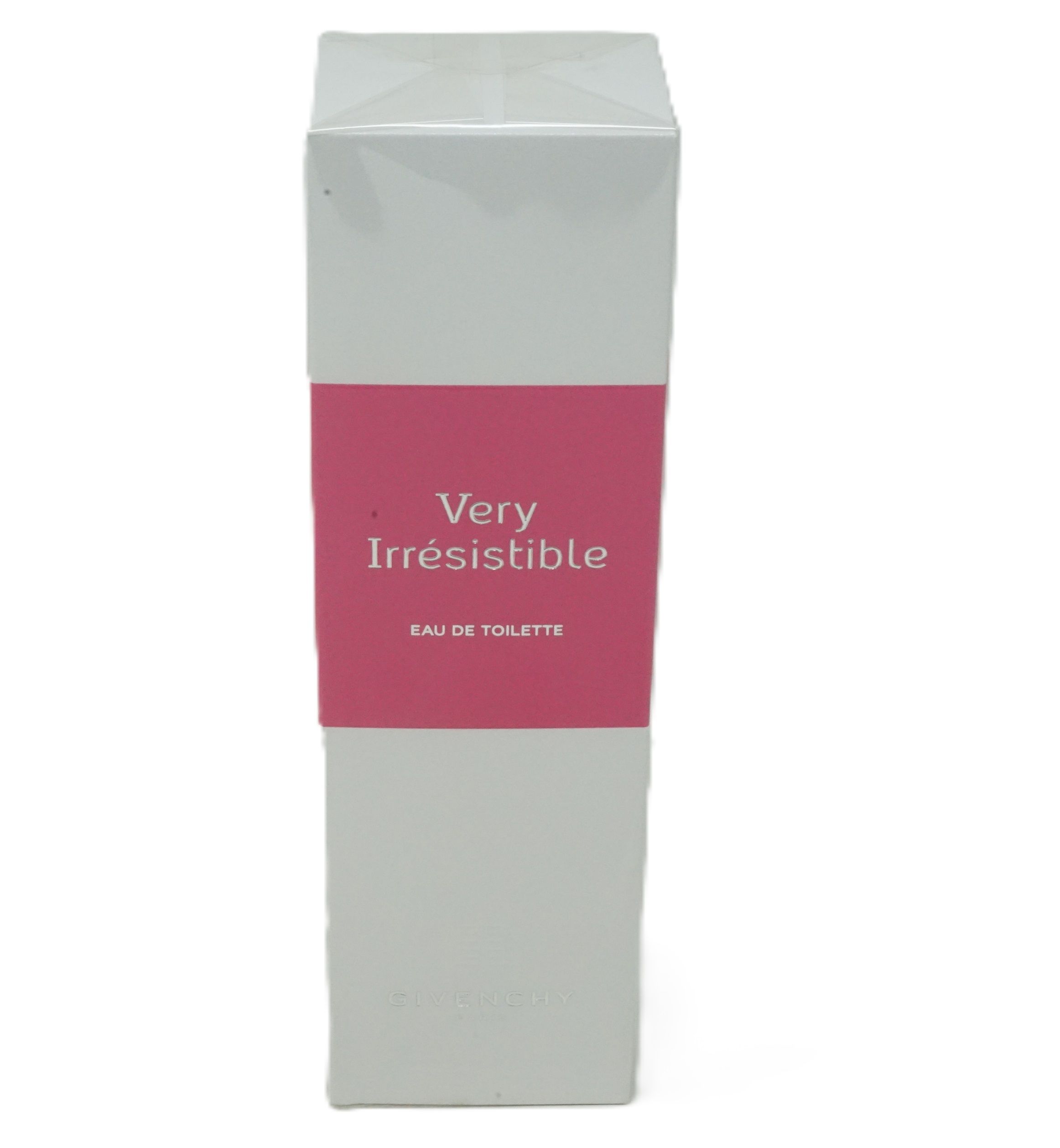 Witte doos met roze band. Opschrift: Very Irrésistible, Eau de Toilette. Givenchy logo.