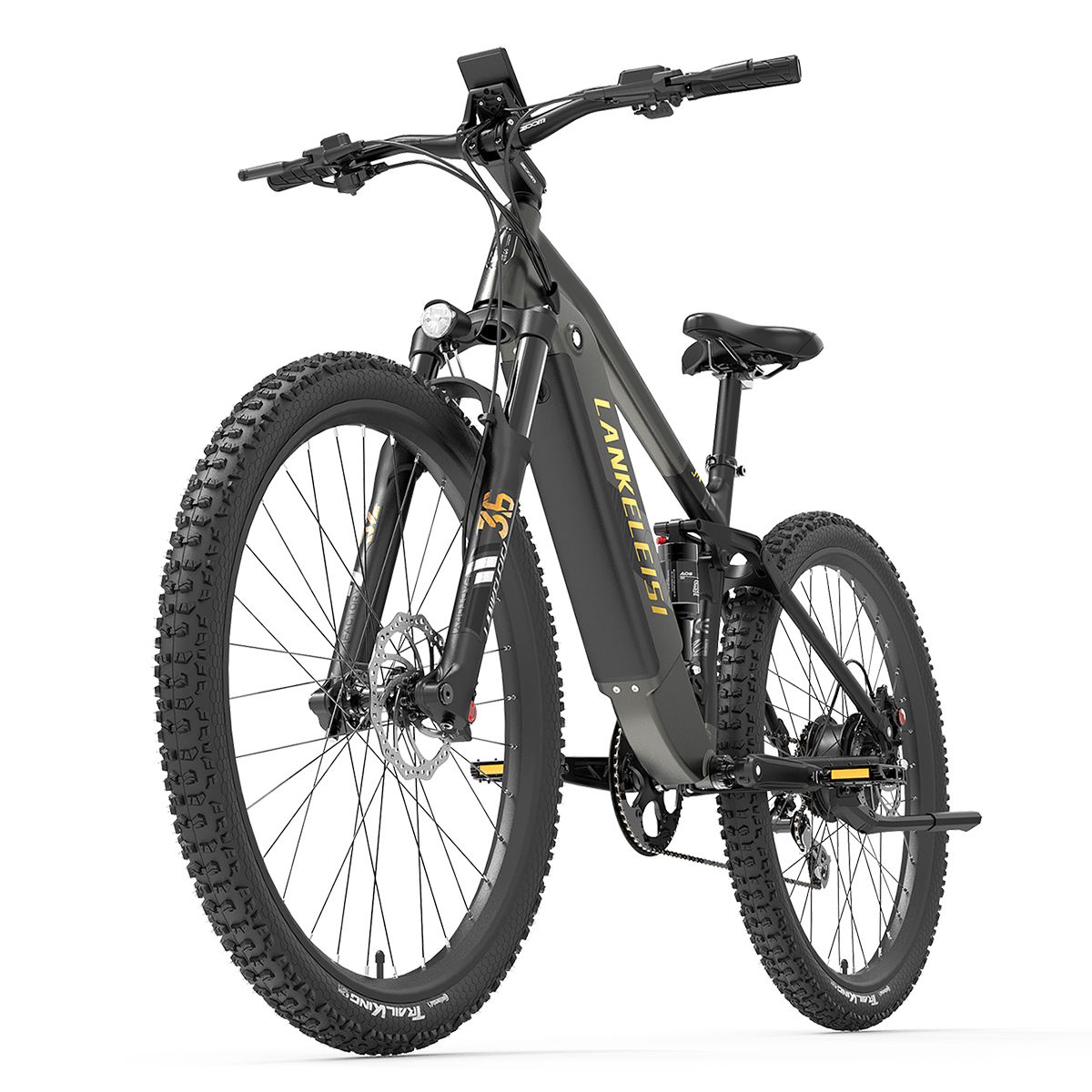 Vélo électrique gris LANKELEISI RX600 Pro. Pneus, selle et guidon noirs. Écriture jaune sur le cadre.