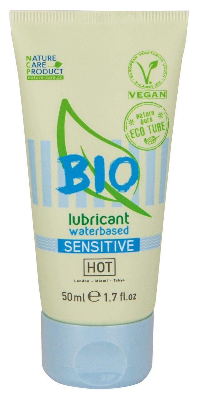 BIO SENSITIVE HOT glijmiddel, waterbasis, 50ml tube. 'Nature Care Product' en 'Vegan' keurmerk.