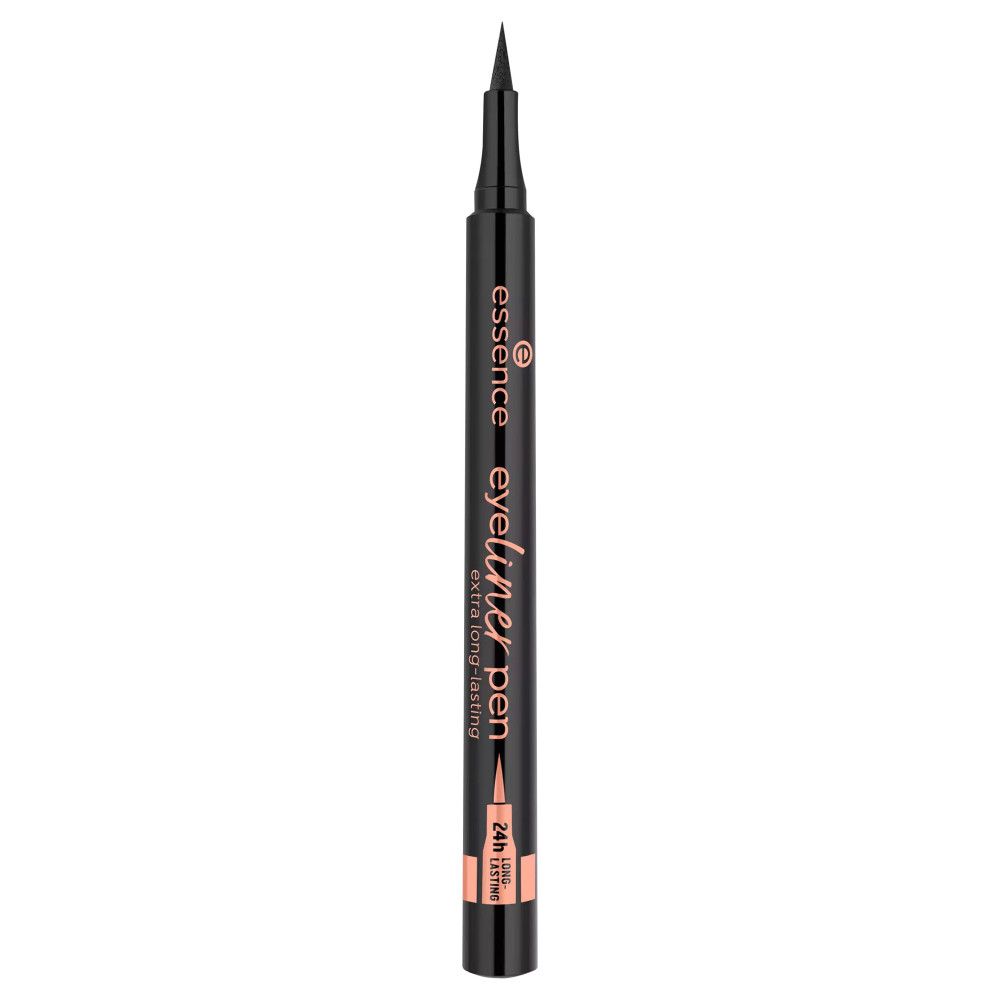 Stylo eyeliner noir à pointe fine. Inscription: essence eyeliner pen extra long-lasting. Pointe et base cuivrées.