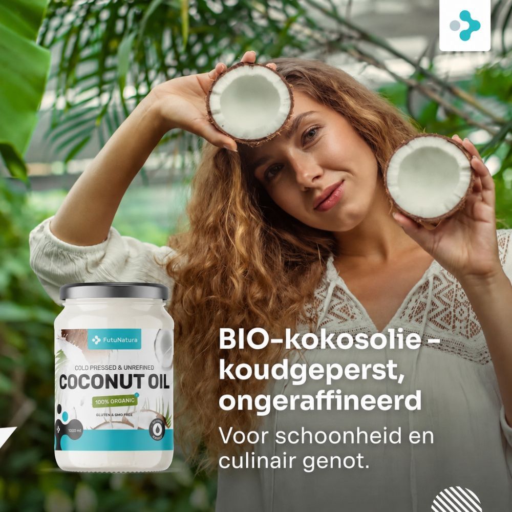 Drie flessen FutuNatura BIO kokosolie, koudgeperst, ongeraffineerd.