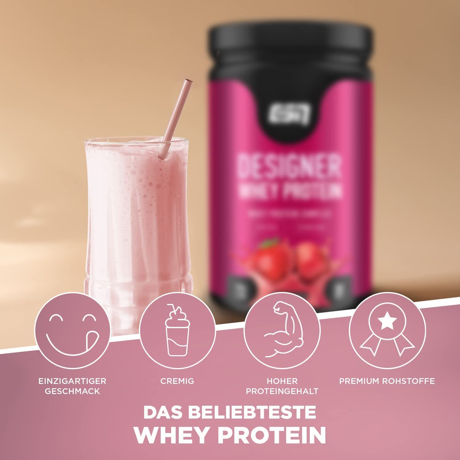 ESN Designer Whey Protein, Aardbei Crème. Glas met shake, product op de achtergrond, iconen met tekst.