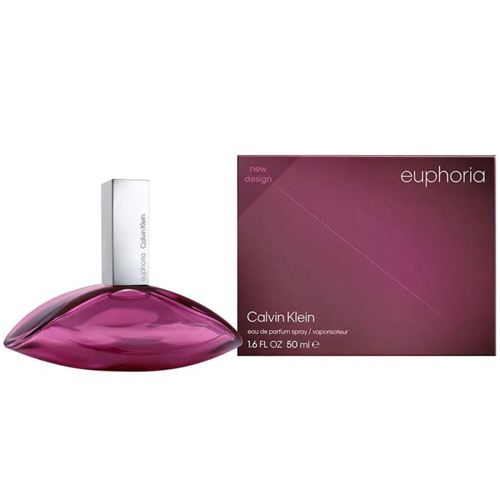 Fles en verpakking van Calvin Klein Euphoria. Druppelvormige flacon, zilveren dop. Paarse verpakking met merklogo.