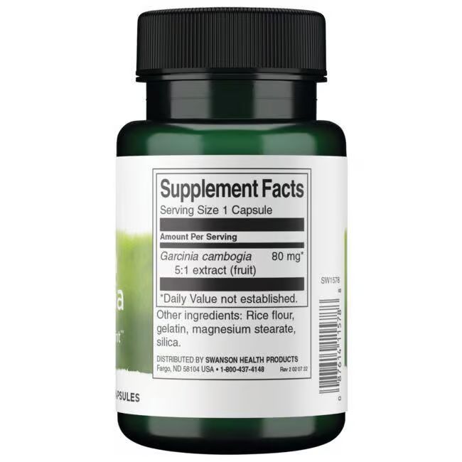 Dos du flacon. Inscription: Supplement Facts, Garcinia cambogia 80 mg, ingrédients.