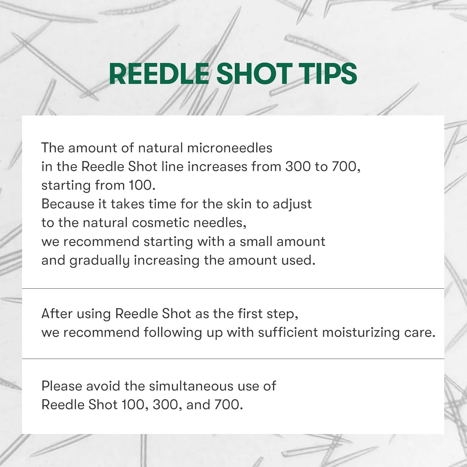 Texte: Conseils Reedle Shot. Instructions d'utilisation. Recommandation: augmenter progressivement. Évitez l'utilisation simultanée.