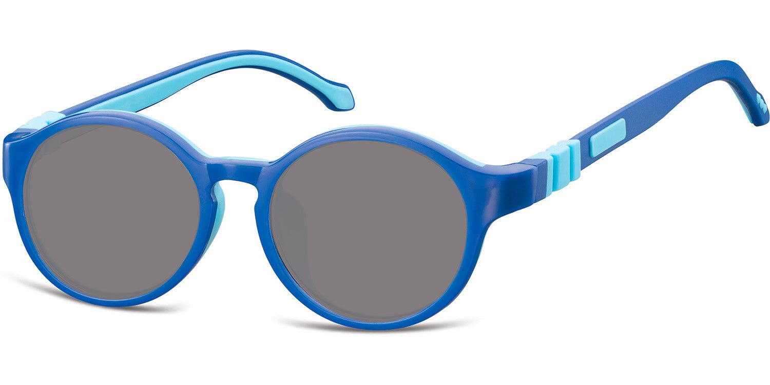 Lunettes de soleil bleues avec verres ronds. Branches et monture bleues. Verres gris. Lunettes de soleil pour enfants.