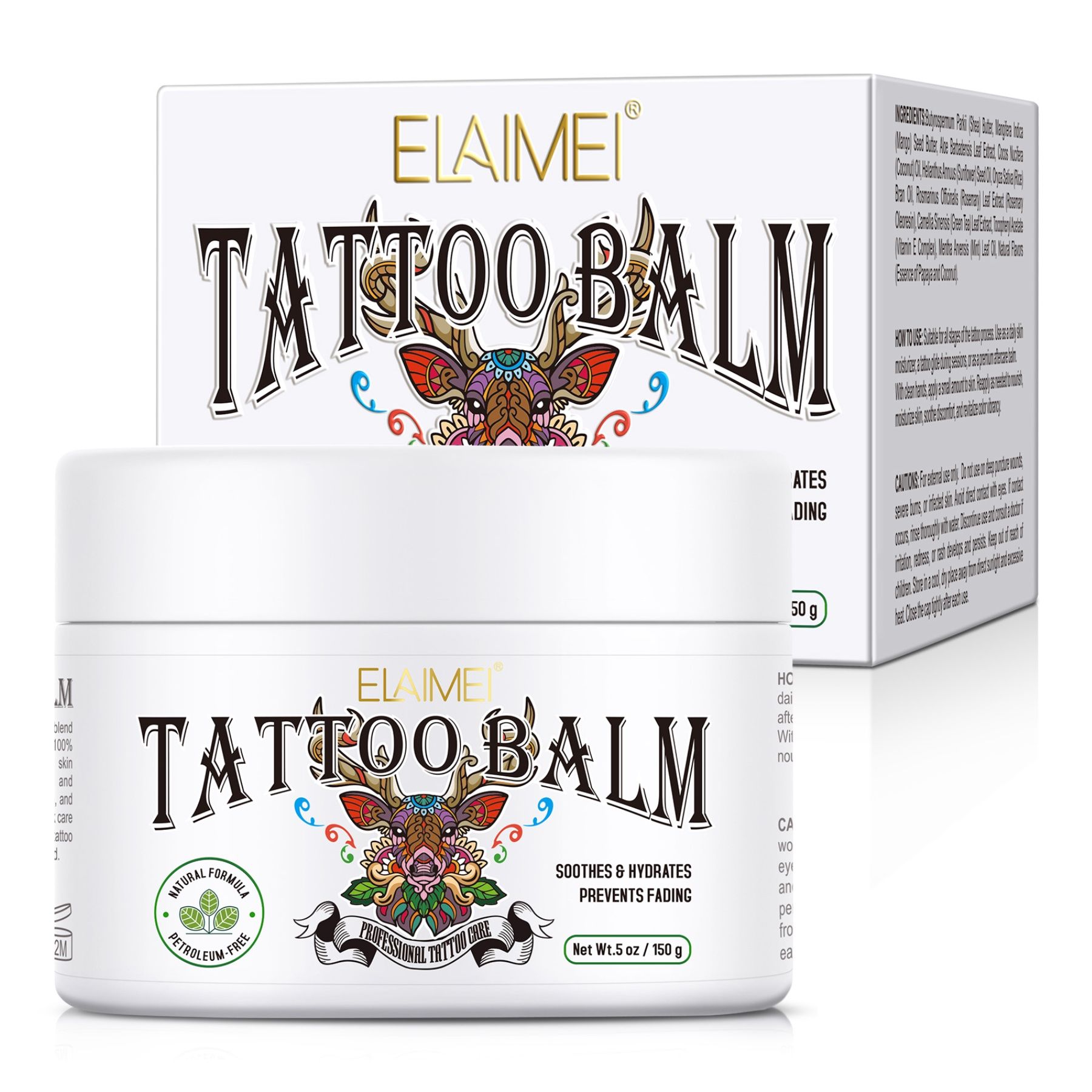 ELAIMEI Tattoo Balm pot en doos met hertmotief.