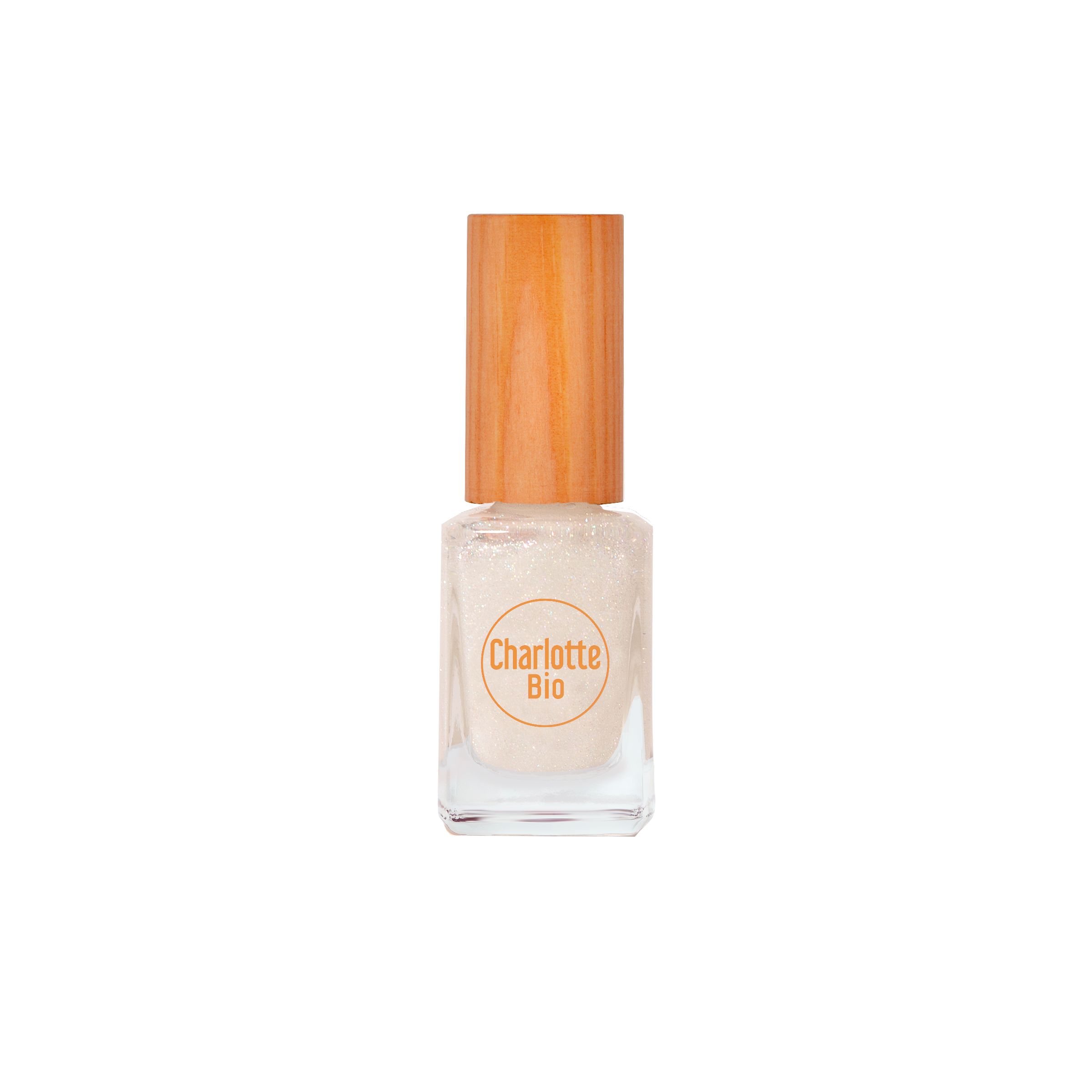 Nagellakflesje met houten dop. Op het flesje staat "Charlotte Bio".