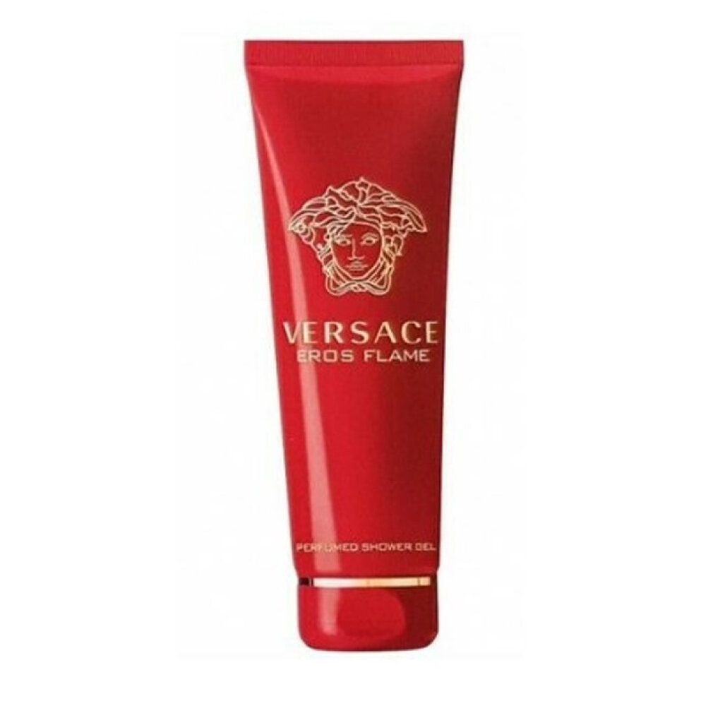 Tube rouge avec logo doré et texte Versace Eros Flame. Gel douche.