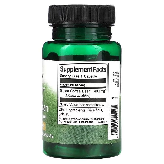 Achterkant van de groene fles met capsules. Opschrift: Supplement Facts, Green Coffee Bean 400 mg, ingrediënten. Gemaakt door Swanson.