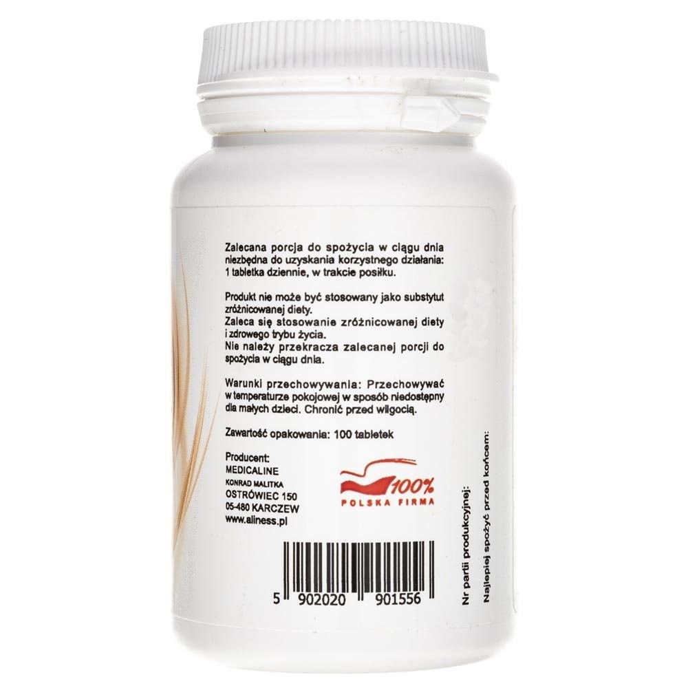 Arrière d'une boîte blanche de pilules avec des informations sur la dose recommandée et le stockage. "100 comprimés".