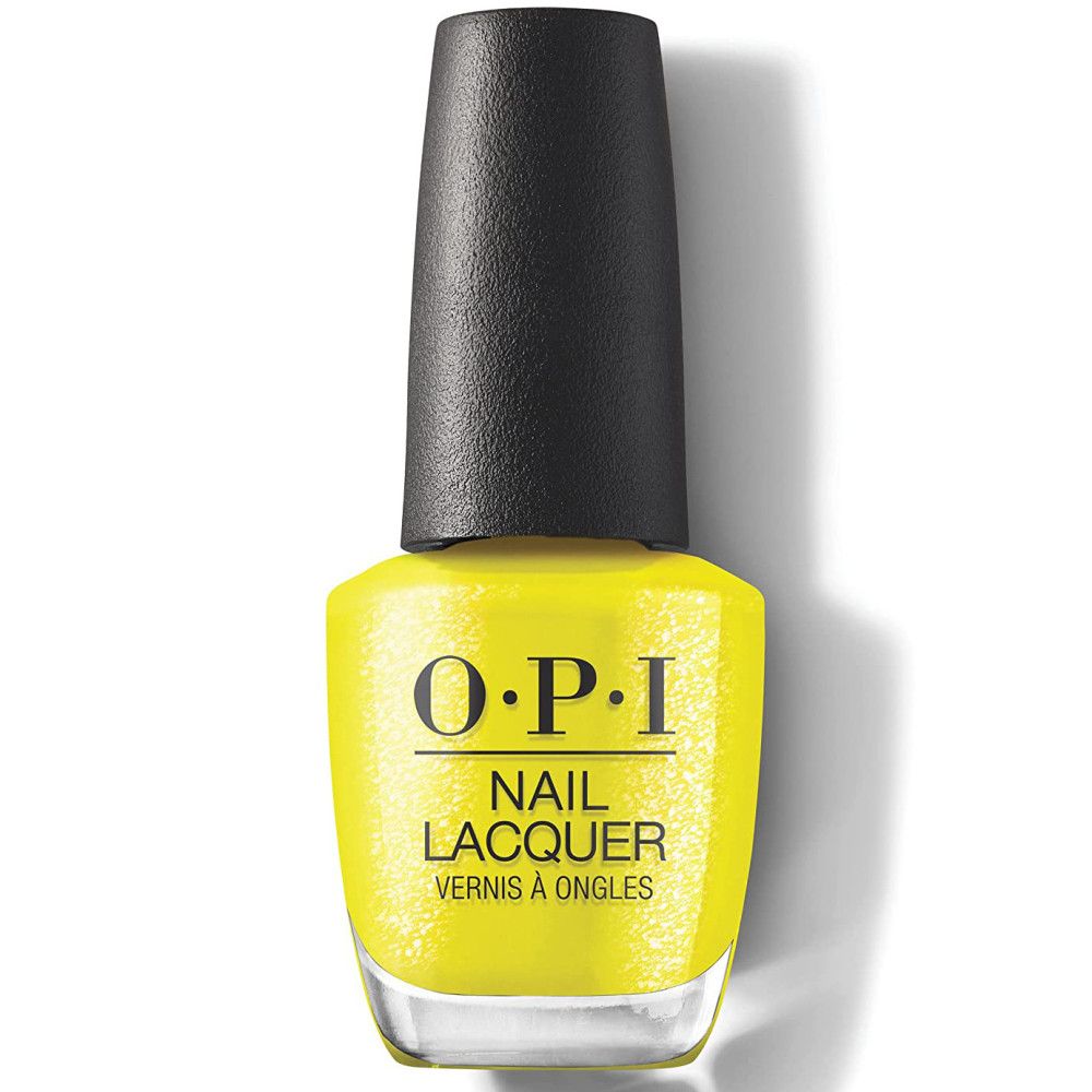 OPI Nagellak fles, geel, zwarte dop. Opschrift: OPI, Nail Lacquer.