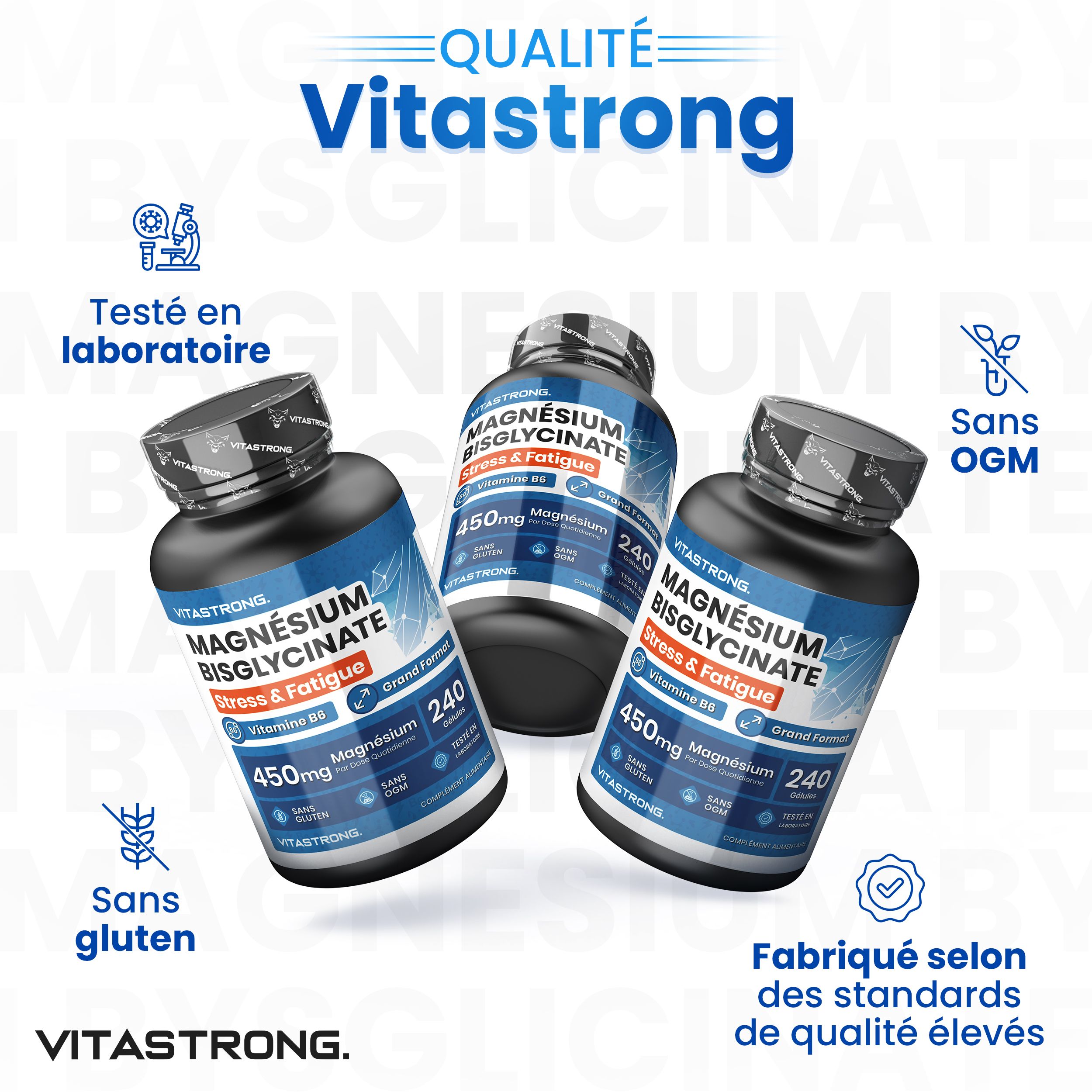 Trois flacons Vitastrong Magnesiumbisglycinate. Testé en laboratoire. Sans gluten et OGM.