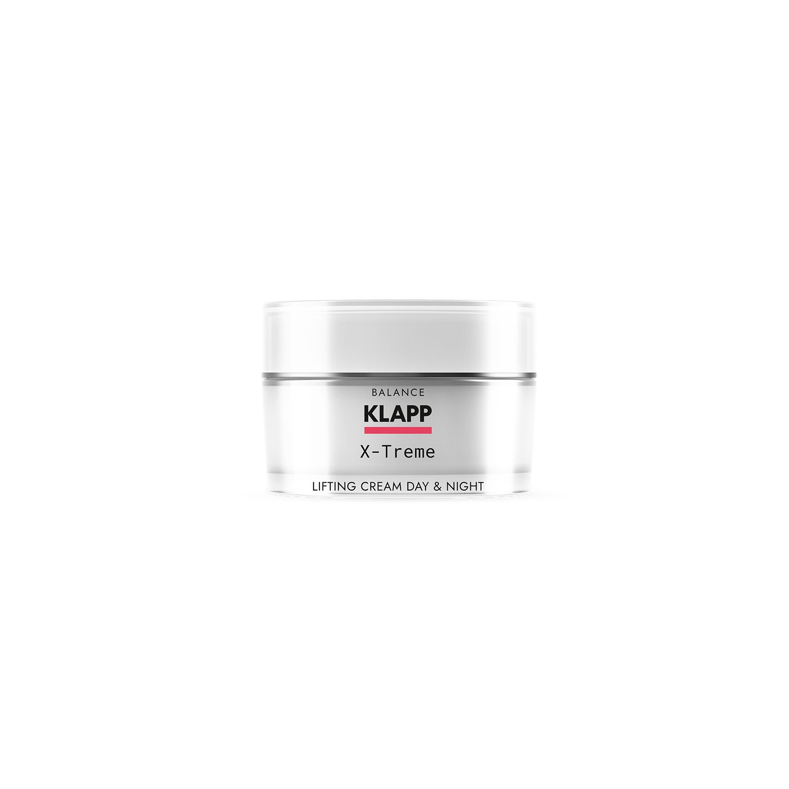 Witte pot met productopdruk: KLAPP, X-Treme, Lifting Cream Day & Night.