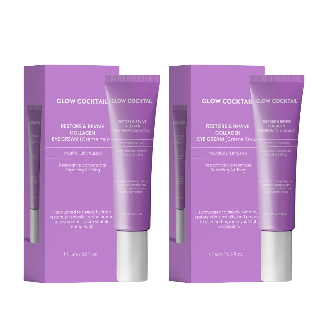 Twee paarse dozen met oogcrèmetubes. Opschrift: Glow Cocktail, Restore & Revive Collagen Eye Cream. Bevat 15ml.