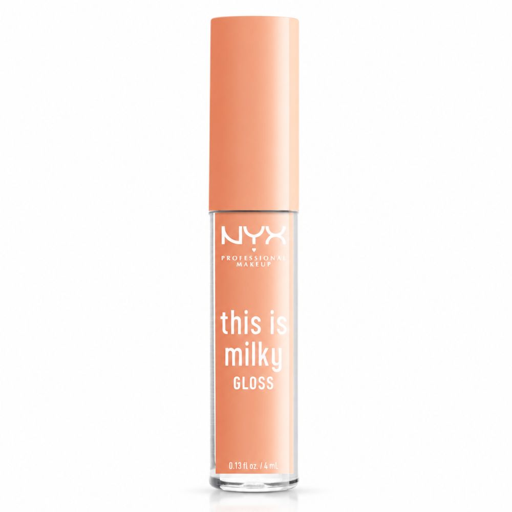 NYX Professional Makeup This is Milky Gloss teinte pêche. Tube fermé avec capuchon pêche.