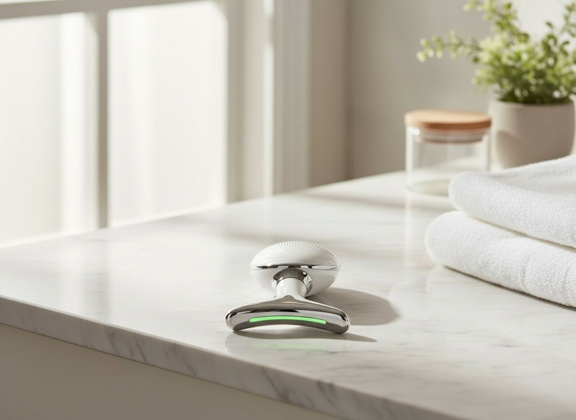 Wit, ergonomisch gezichtsverzorgingstoestel. Geplaatst op een marmeren oppervlak. Groene lichteffecten.