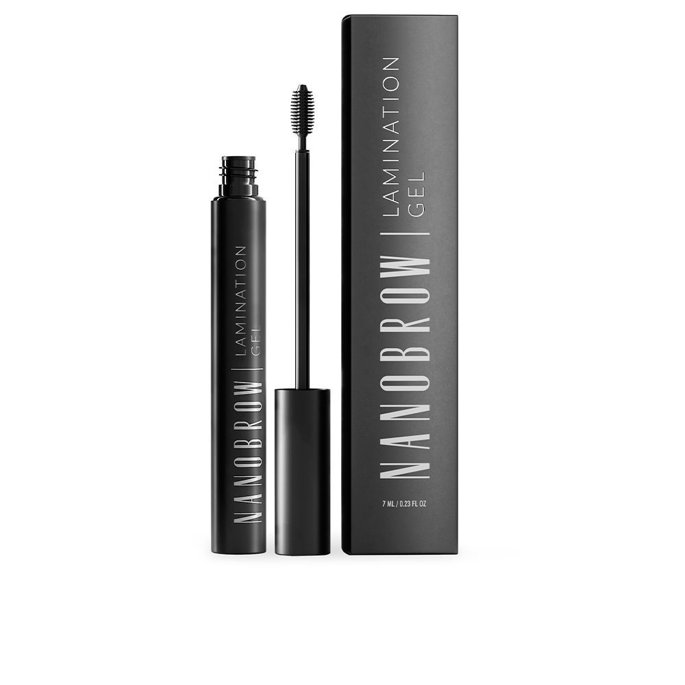 Zwarte tube en borstel met productnaam. Rechthoekige verpakking met productnaam. Opschrift: Nanobrow Lamination Gel.