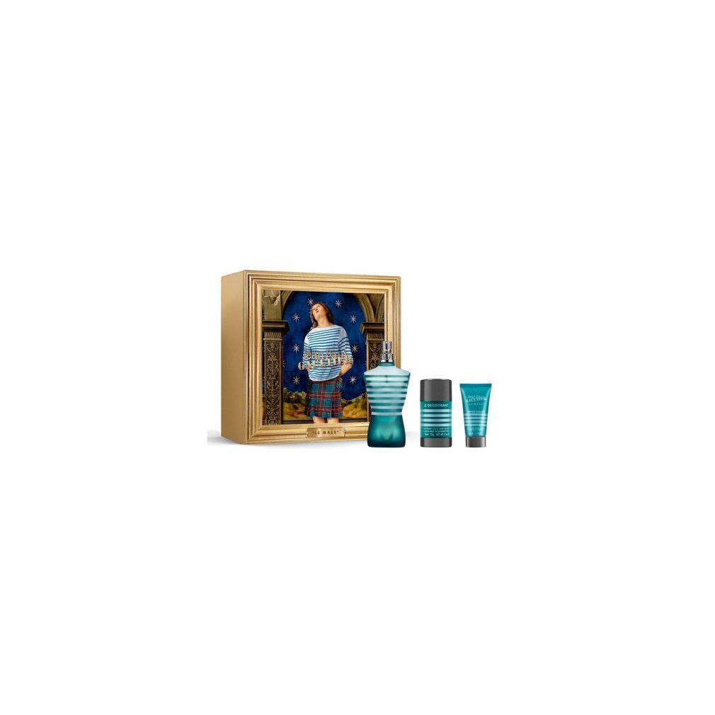 Coffret cadeau avec flacon, déodorant et gel douche. Flacon et tubes turquoise. Boîte dorée avec image.
