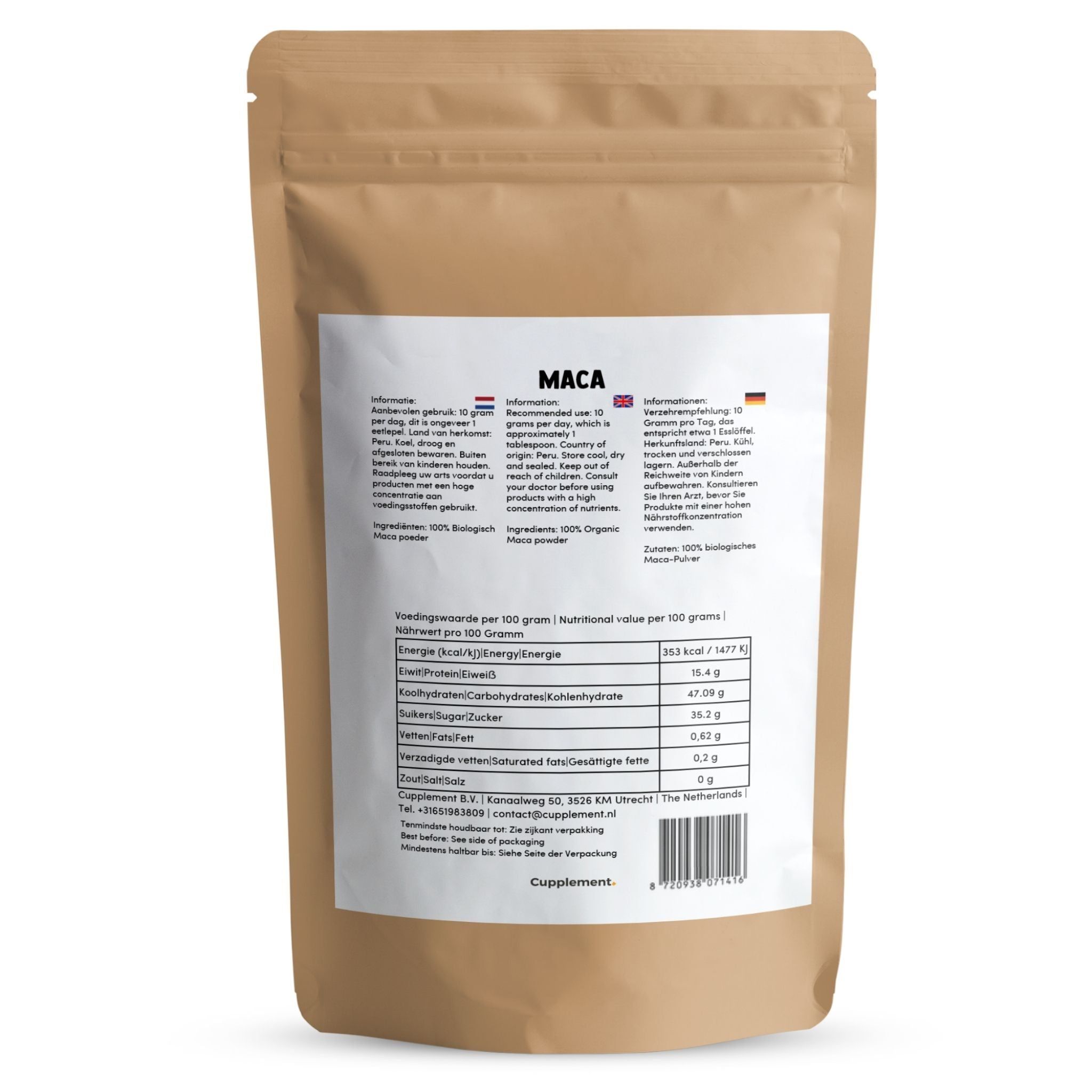 Zak met productinformatie. Opschrift: Maca. Voedingstabel. Bruine papieren verpakking.