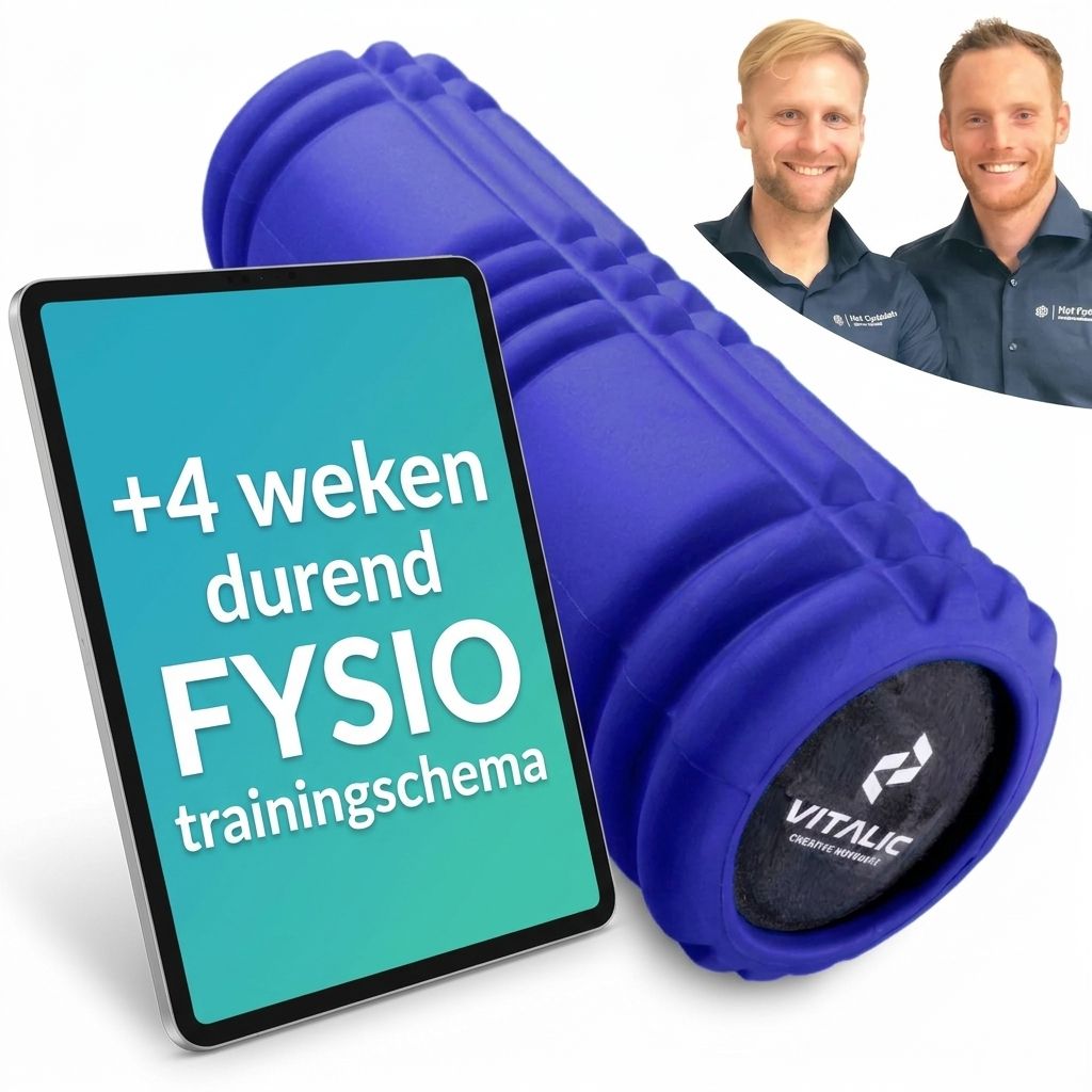 Blauwe fascia roller naast tablet met trainingsschema en twee mannen.