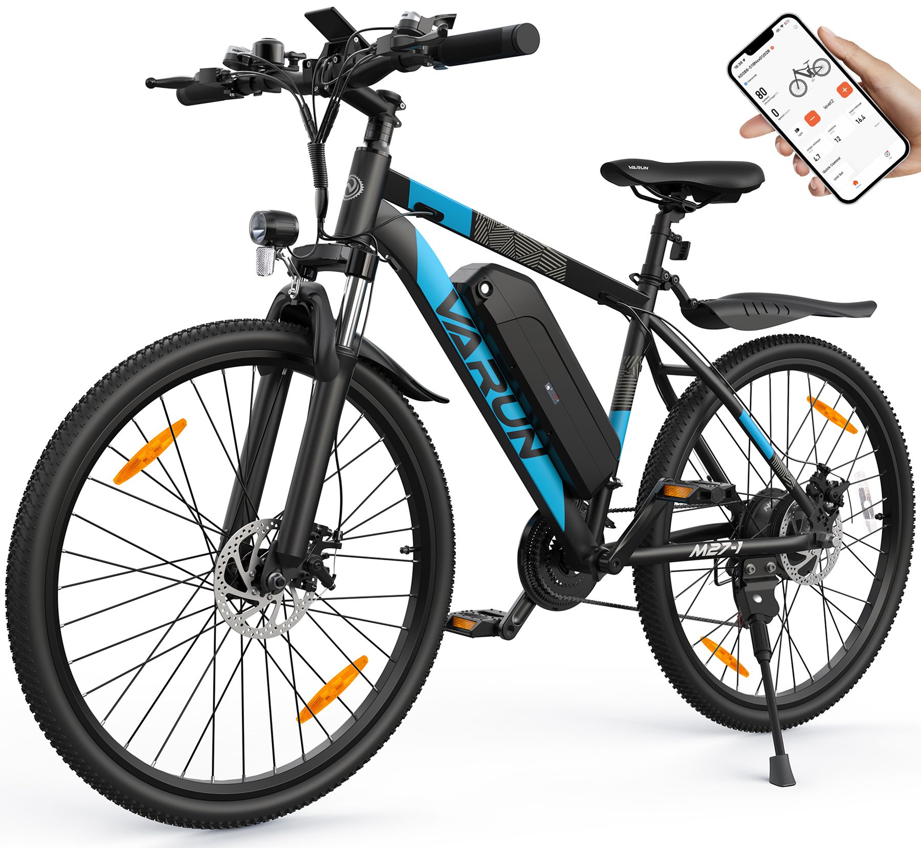 E-bike met smartphone app-besturing. Zwart design met blauwe accenten. VARUN logo zichtbaar.
