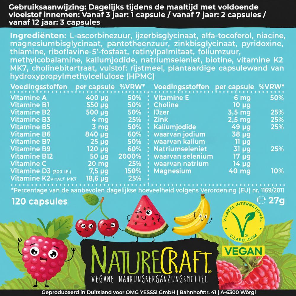 Achterkant van de NatureCraft Vegan Kids Multivitamin verpakking met voedingswaarden.